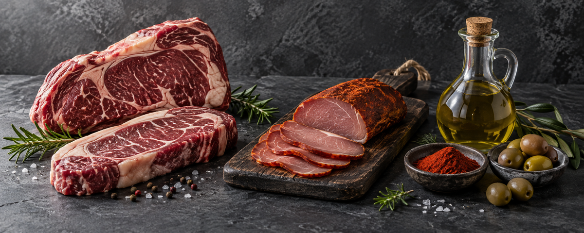 Composición de carnes frescas, lomo curado, aceite de oliva y pimentón sobre pizarra.